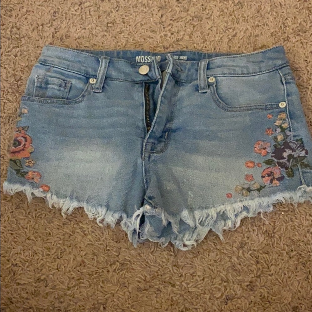 High Rise Denim Shorts + floral accents on sides